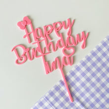 Load image into Gallery viewer, Heart shaped Happy Birthday Cake Topper with bow.
